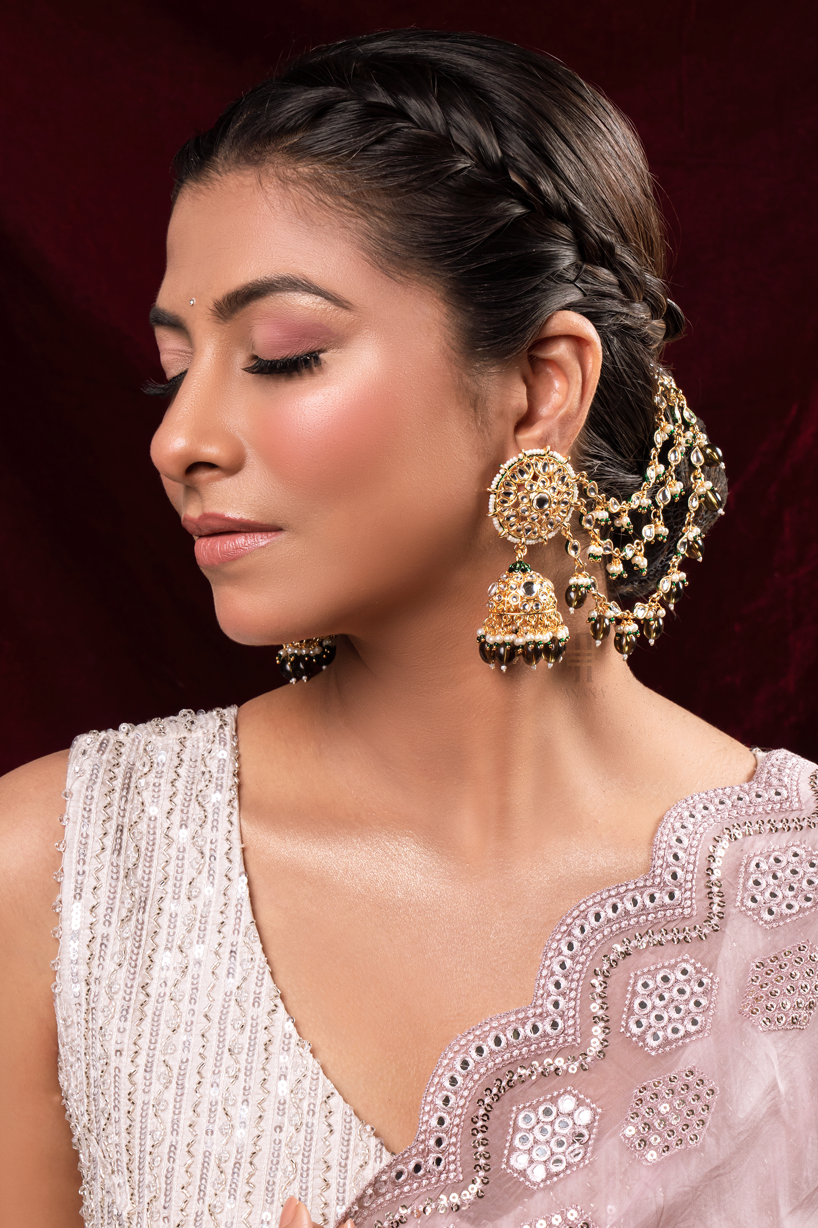 Kundan earrings best sale with ear chain