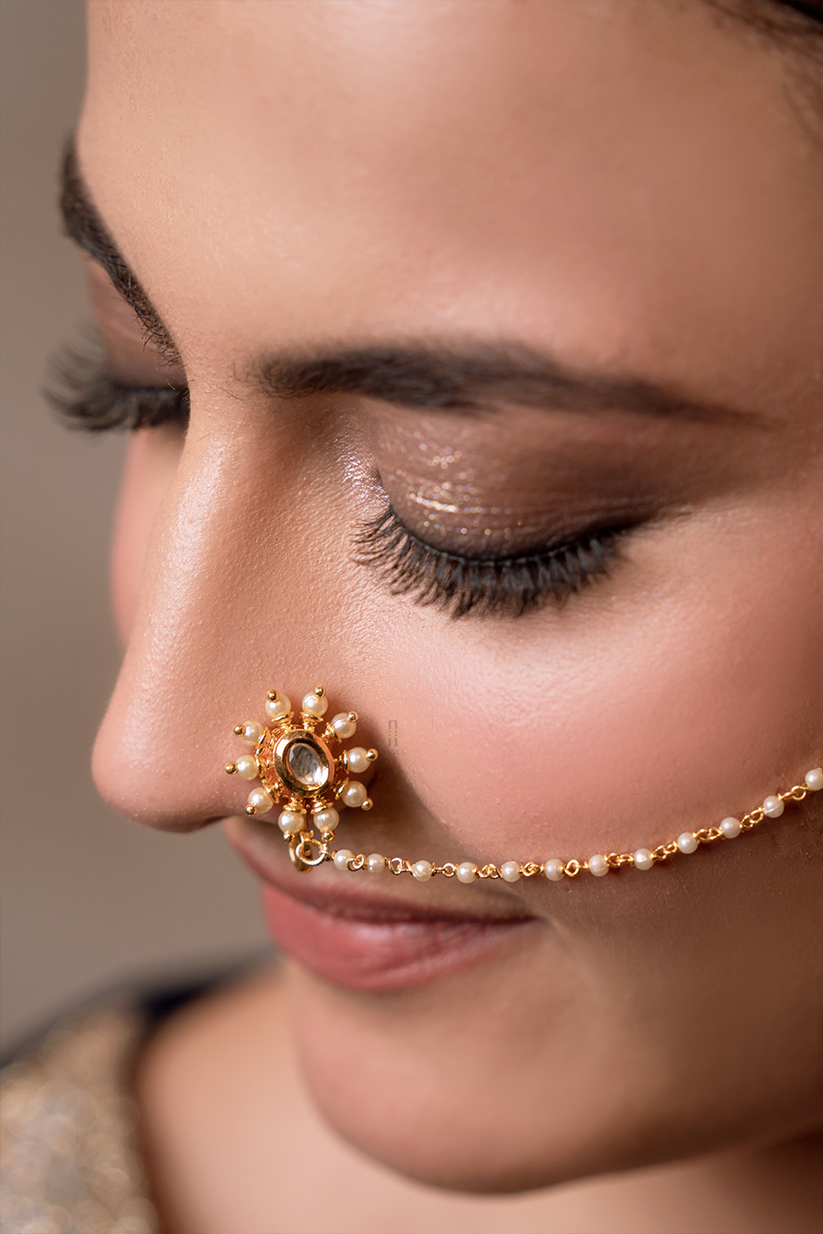 Gauri Jadau Kundan Polki Nose Pin with Pearl Chain – Anana